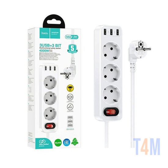 Cabo de Extensão Hoco NS2 com 3 Soquetes+3 USB-A (2,4A) e Interruptor 1,8 m (EU) Branco